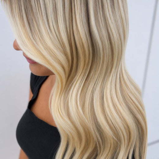 Meraki hair extensions client with long balayage hair
