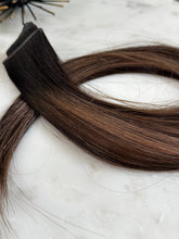 Load image into Gallery viewer, Bree Hybrid Weft close-up showing smooth hair and dimensional brunette color
