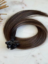 Load image into Gallery viewer, Bree cool brunette K-tip hair extensions showing the blended hair color and keratin tips