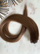 Load image into Gallery viewer, Megan Hybrid Weft 22-inch hair extension in rooted brunette shade, full product view