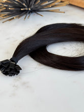 Load image into Gallery viewer, Melissa 18-inch K-tip hair extensions in deep chocolate brown, hair texture detail