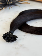 Load image into Gallery viewer, Melissa 18-inch K-tip hair extensions in deep chocolate brown, keratin tip detail