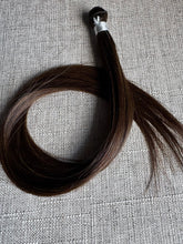 Load image into Gallery viewer, Rachele dark brown hand-tied hair extension weft arranged in a full loop