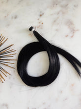Load image into Gallery viewer, Tereece black hand-tied weft extension styled product view