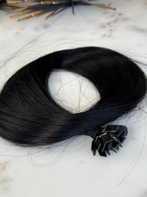 Load image into Gallery viewer, TEREECE black 18-inch K-tip hair extensions, close-up view